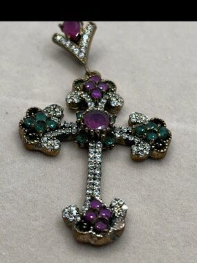 1Day Sale 925 Gold Genuine Ruby Emerald Cross Vintage Pendant Sterling Silver